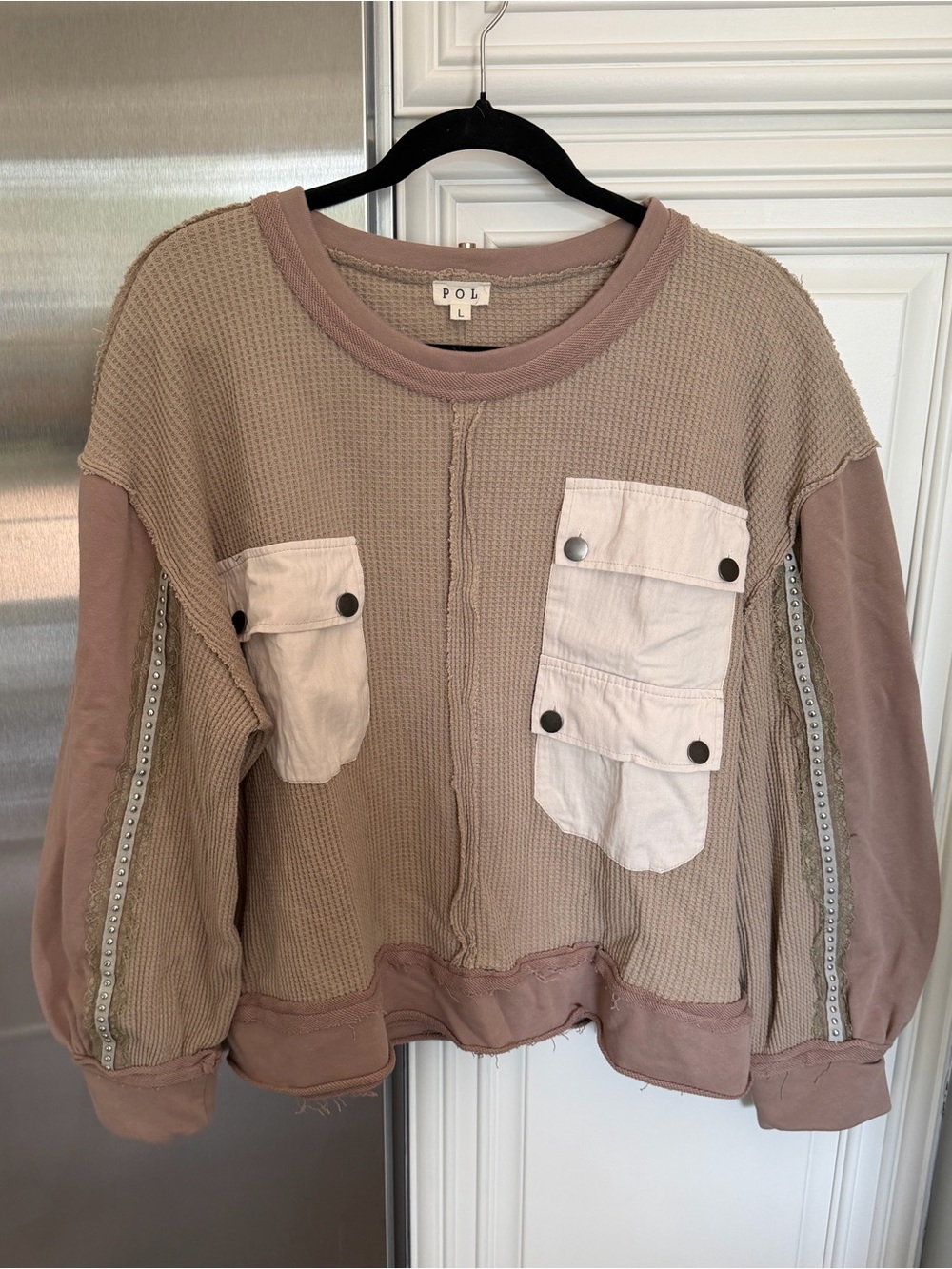 POL Mocha Mixed Media Waffle Knit | Cargo Pocket | Studded Seam | Elbow Patch